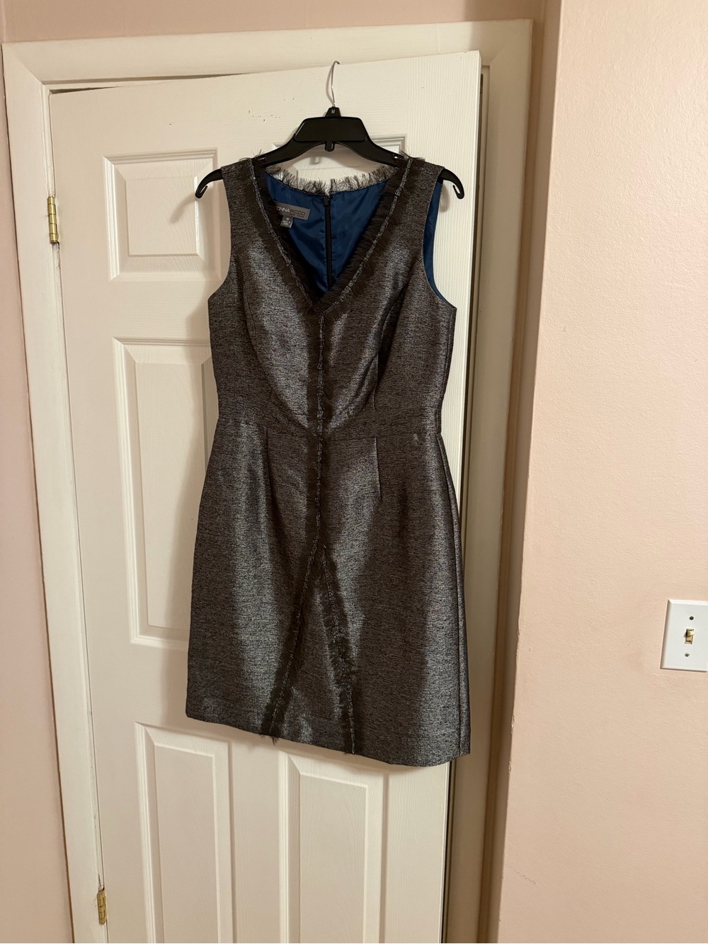 Donna Ricco New York Metallic Gray Sheath Dress Size 10 Fringe Trim